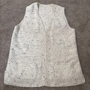 Vintage Hand-Knitted Speckled Pocket Handmade Cardigan Womens L Cream Warm Heavy